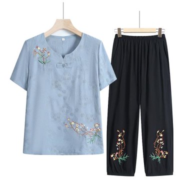 媽媽裝夏款套裝女時尚繡花短袖T恤洋氣老人上衣服中老年女裝薄款
