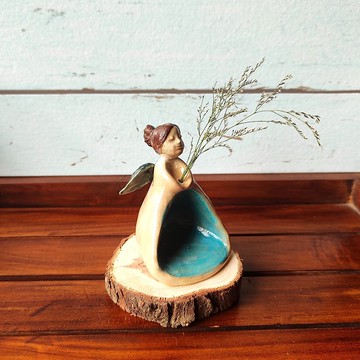 娃娃香插燭台-天使香插燭座-小花插-手作陶-香插座