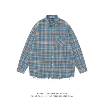 MOISHE TIDE美式春秋格紋長袖襯衫男女寬松oversize情侶格子襯衣