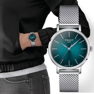 TISSOT 天梭 官方授權 Everytime 經典雋永米蘭手錶 寵爸時刻 送禮推薦-銀x藍綠/34mm T1432101109100