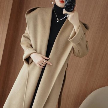 2025秋冬新款雙面羊絨大衣女氣質中長款時尚連帽100％羊毛呢外套