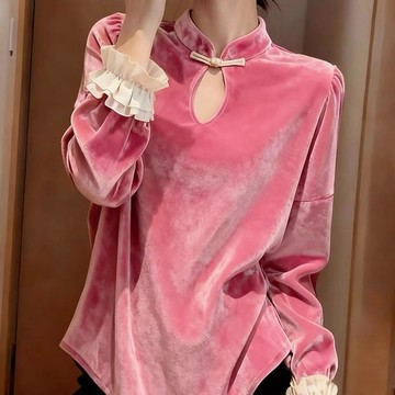 新中式蜜桃粉色絲絨襯衫秋冬內搭外穿打底衫國風改良漢服盤扣上衣