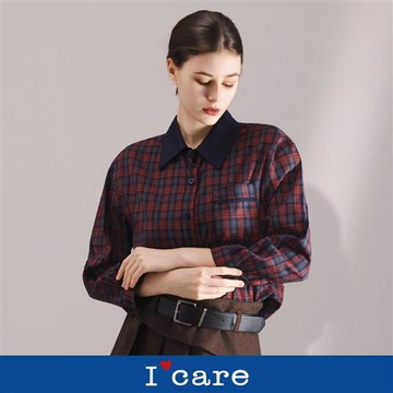 現貨【Icare 依卡】學院風撞色蘇格蘭格紋襯衫（M-L）｜女休閒上衣 長袖襯衫 格紋襯衫