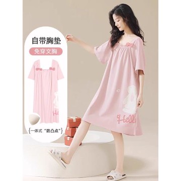 純棉睡裙女款2026新款夏季大碼薄宅家孕婦短袖帶胸墊睡衣女款夏天