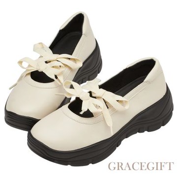 【Grace Gift】法式少女蝴蝶結輕量瑪莉珍運動鞋 米白