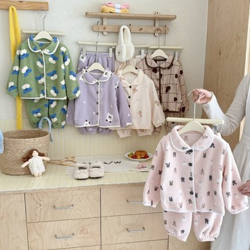 🎀biubiu童裝🎀兒童家居服套裝雪粒絨男童女寶寶冬季雪粒絨開衫加絨加厚保暖睡衣