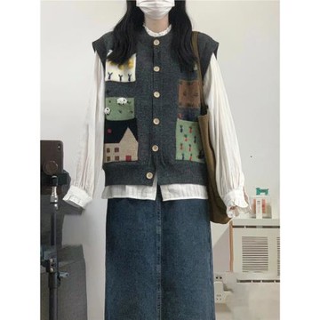 鹽系輕熟套裝女春秋2023新款學院提花拼接針織開衫馬甲襯衫兩件套