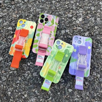 ins春夏花朵適用于蘋果16 15 14 13 pro max手機殼腕帶iphone12 11少女粉色支架創意縫線簡約