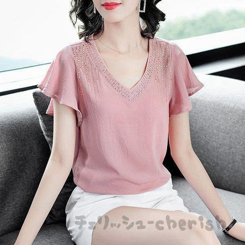 Tシャツ レディース 半袖 安い おしゃれ 韓国風 夏 40代 きれいめ トップス Vネック シフォン 無地 カジュアル 体型カバー 大きいサイズ 着痩せ 大人 通勤 新品 通販 Lineポイント最大0 5 Get Lineショッピング