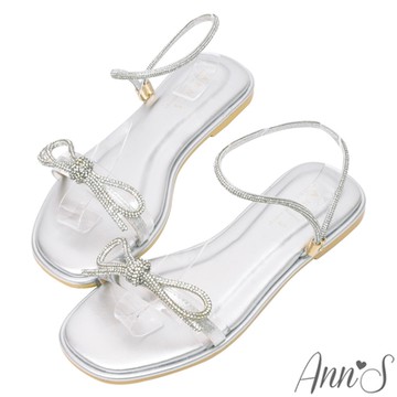 Ann’S仙女凡間-燙鑽手工蝴蝶結極細線條繞踝平底涼鞋-銀