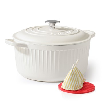 SENSARTE 24cm 鑄鐵琺瑯鍋 琺瑯塗層 附鍋蓋 IH瓦斯爐烤箱適用 米色