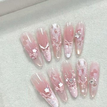 🔥臺灣出貨🔥芭蕾風少女穿戴甲裸粉法式蝴蝶結珍珠精緻溫柔顯白半手工美甲035