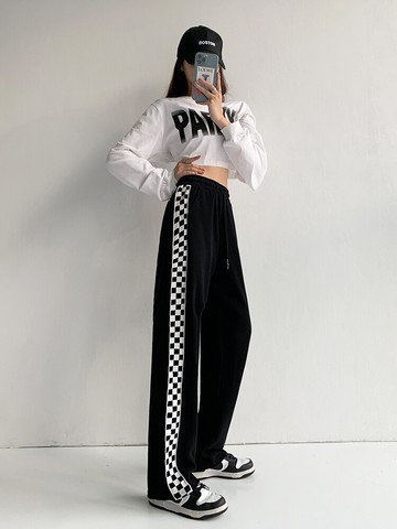 棋盤格子闊腿褲女新款寬松加絨衛褲休閑直筒黑色運動褲子