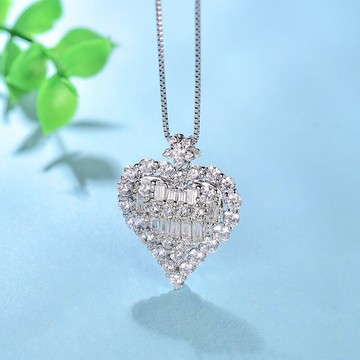 純銀鍍18k白金鉆石吊墜梯方拼桃心仿鉆石吊墜心形項鏈