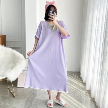 坑條純棉花邊加長睡裙夏季短袖加肥大碼超長孕婦胖MM200斤家居服