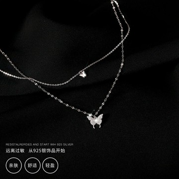 925純銀蝴蝶雙層項鏈女夏年新款小眾輕奢設計感鎖骨頸鏈配飾