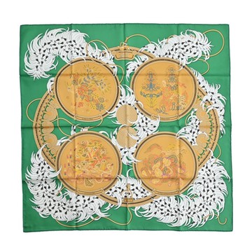 Hermes 愛馬仕 Legende Brodee 90 cm手工捲邊斜紋真絲方巾(祖母綠/金褐/白)