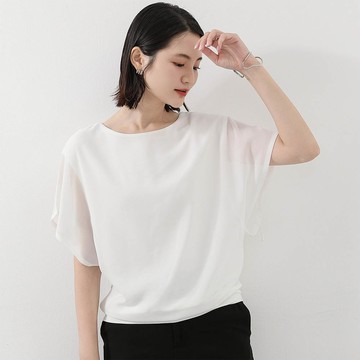 Yukié - 氣質雪紡透膚荷葉袖上衣-白色