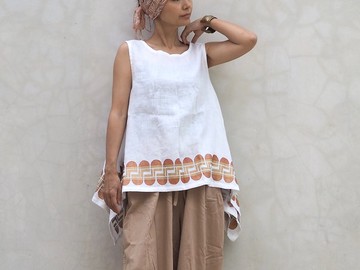 木版印刷印花  白色 亞麻無袖飄逸上衣