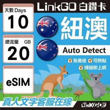 LINKGO白鑽卡 紐澳 eSIM卡 10天上網卡 總流量20GB 高速流量(紐澳網卡 紐西蘭 澳洲 虛擬卡)