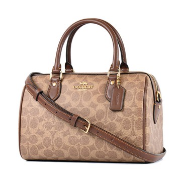 COACH 緹花LOGO防刮皮革手提斜背二用波士頓包-棕褐