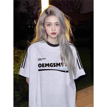 重磅純棉美式復古灰色短袖t恤女夏季寬松條紋設計感小眾高街上衣