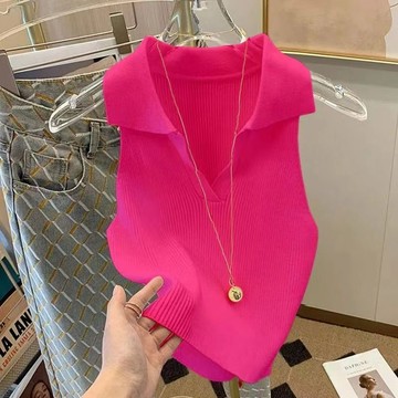 polo領背心女 上衣 背心 無袖打底衫 修身polo領無袖針織衫女夏季高級感超火小背心外穿馬甲上衣潮