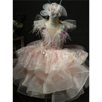 兒童粉色短款亮片禮服演出服蓬蓬裙花童快樂陽光主持