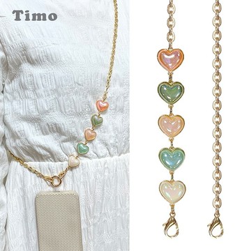 【Timo】iPhone/Android手機通用款 斜背頸掛 掛繩夾片背帶組-復古五彩金邊愛心款