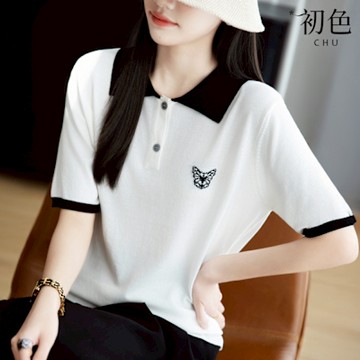 初色 蝴蝶刺繡拼色POLO領五分袖針織T恤上衣女上衣-白色-12465(M-3XL可選)