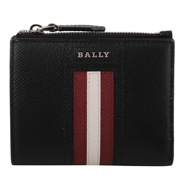 BALLY 金屬銀字紅白條槓防刮皮革拉鍊零錢包(黑)