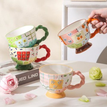 陶瓷馬克杯早餐杯手繪創意咖啡杯田園風杯子家用高腳杯燕麥杯