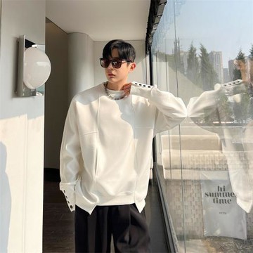 秋裝袖口多扣裝飾衛衣男小眾不規則下擺設計感韓版套頭休閑上衣潮