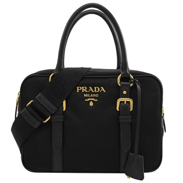 PRADA 1BB088 經典浮雕LOGO尼龍兩用手提包.黑-附鎖組