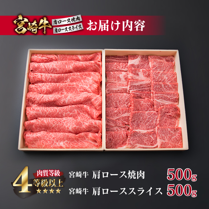 G43-191 ＜肉質等級4等級以上＞宮崎牛肩ロース焼肉＆肩ローススライスセット(合計1kg)