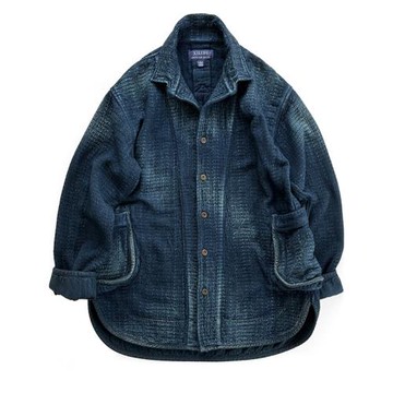 西里布植物藍染刺子寬松版休閑大襯衫外套咔嘰復古非porterclassi