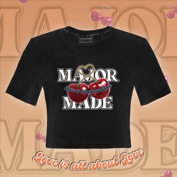 雙櫻桃亮粉修身短版T