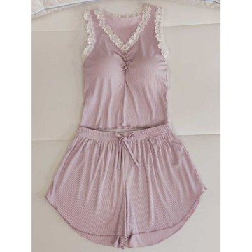 睡衣女四季款莫代爾帶胸墊一體式背心短褲套裝薄款性感蕾絲家居服