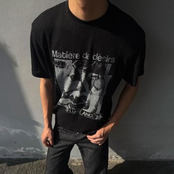 【男裝】臺灣出貨26夏季新款美式復古做舊暗黑風人像字母印花針織短袖T恤上衣服男