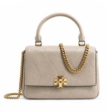 TORY BURCH CHARLIE 荔枝紋皮革菱格絎縫手提/斜背兩用包(迷你/柔霧米灰)