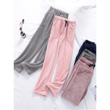 冬季加厚法蘭絨睡褲男士珊瑚絨保暖寬松大碼家居褲女士長褲可外穿