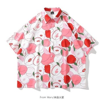 From Mars桃子汽水 日系清新水果滿印短袖chic潮牌寬松慵懶上衣夏