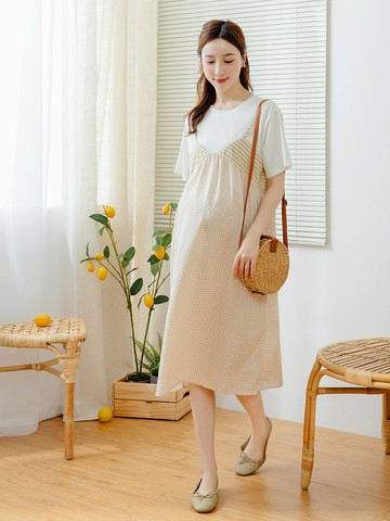 假兩件條紋拼接格紋孕婦洋裝