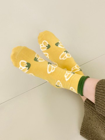 森林系滿版花朵捲邊中筒襪