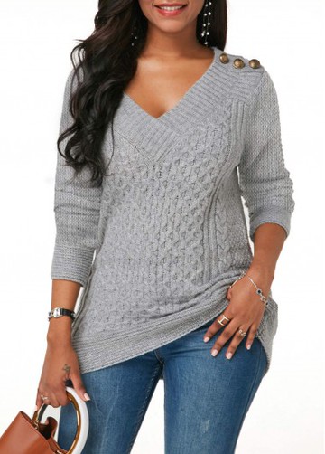 Cable Knit Grey V Neck Button Detail Sweater