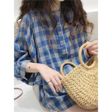 春夏新款文藝雙層棉紗七分袖格子襯衫女寬松棉麻立領小個子上衣