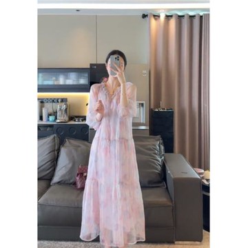 法式暈染連衣裙女高級感氣質顯瘦2025夏季新款女裝仙氣度假長裙子