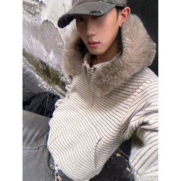 韓版復古溫柔拉鍊套頭條紋連帽毛衣男寬鬆慵懶上衣男