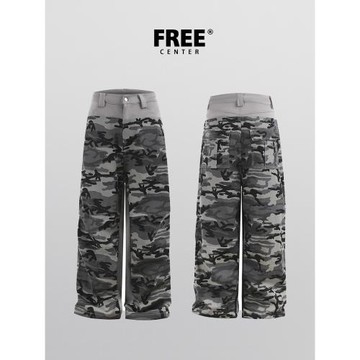 FREECENTER美式小眾設計感拼接迷彩褲男女同款高街重磅寬松直筒褲
