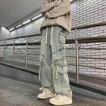 【隔日達】美式複古 多口袋工裝牛仔褲 男春秋 高街寬鬆 直筒闊腿長褲 抽繩牛仔褲 直筒工裝褲
